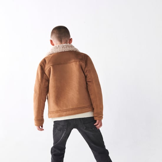 River Island Kids Boys Shearling Jacket Brown Suedette