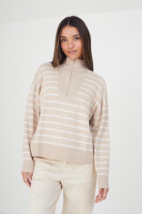 Stone 'Jottie' Striped 1/2 Zip Knitted Jumper