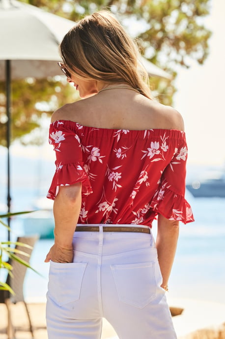 Red & White Floral Print Ruffle Sleeve Bardot Top