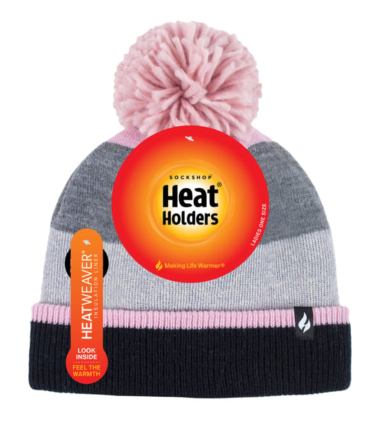 Heat Holders - Gorro de invierno con forro polar y pompones para mujer - Gris / Rosa - Image 2