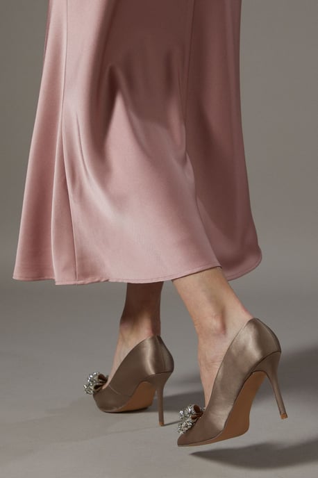 Wide Fit Tina Diamante Bow Satin High Heel Stiletto Courts