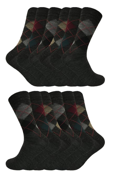 Paquete de 12 pares de calcetines de lana de cordero para hombre | Snob de calcetines | Calcetines finos y suaves de nido de abeja con estampado de Argyle - Gris - Image 1