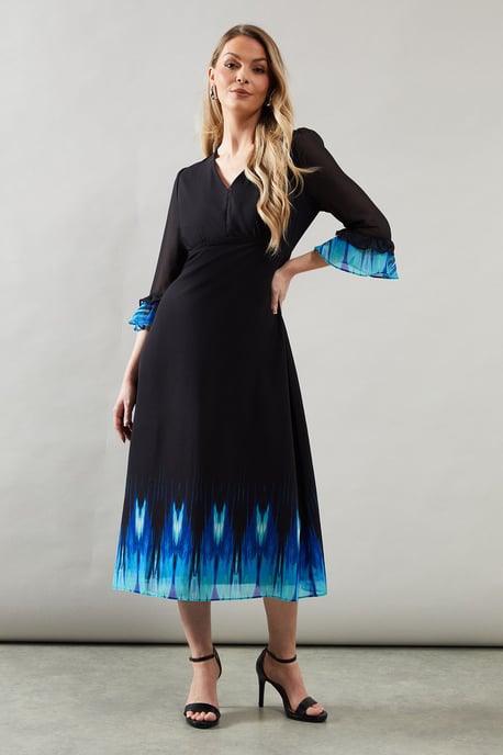 Ombre Print Flute Sleeve Chiffon Midi Dress - Image 1