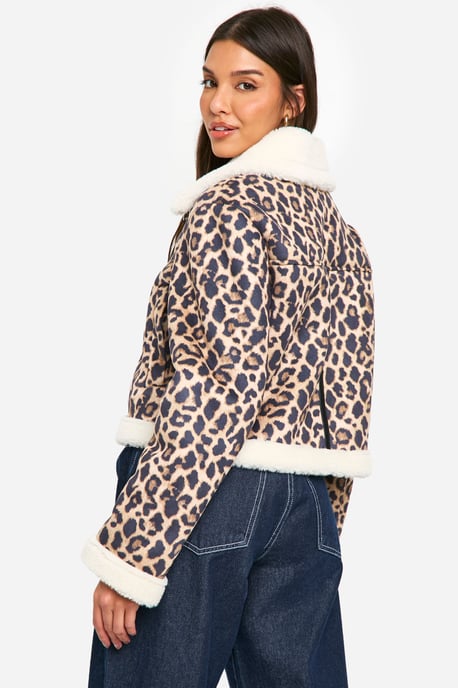 Leopard Print Cropped Aviator Jacket