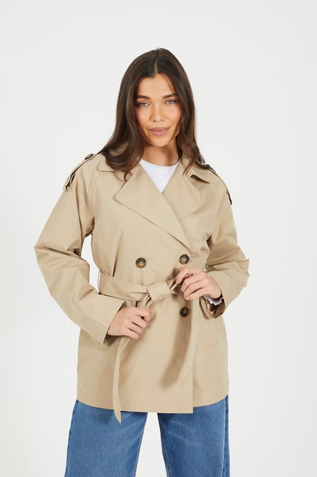 Stone Double Breasted Short Mac With Self Tie Belt