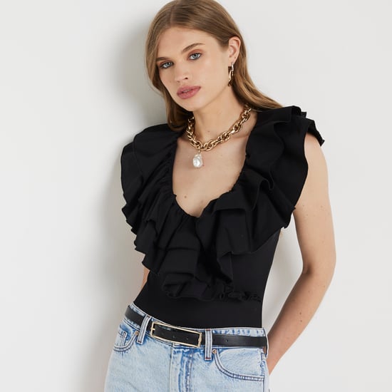 River Island Womens Bodysuit Black Frill Detail Wrap