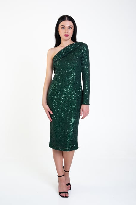 One Shoulder Draped Sequin Midi Dress