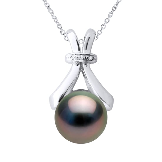 Necklace Jewelry Diamond 0.01Cts White Gold and Real Cultured Tahiti Pearl Round 7-8 mm
