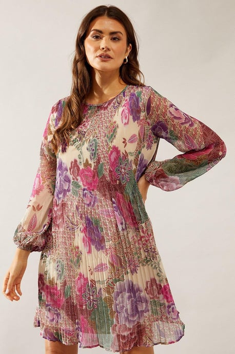 Spot Floral Pleated Shift Dress