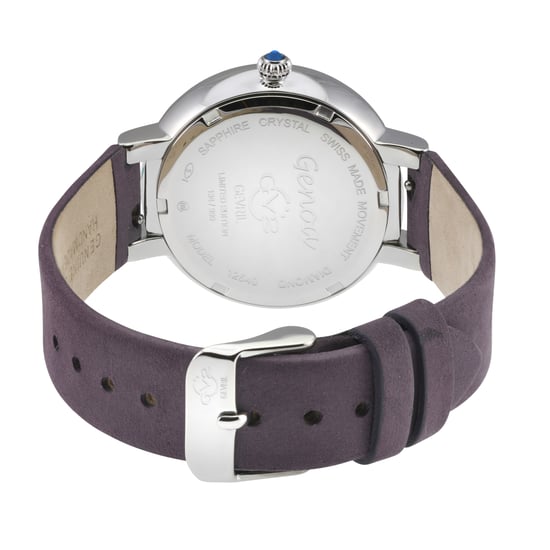 Reloj GV2 para mujer Genoa de caja de acero inoxidable, esfera de madreperla blanca, correa de cuero ciruela hecha a mano. - Image 2
