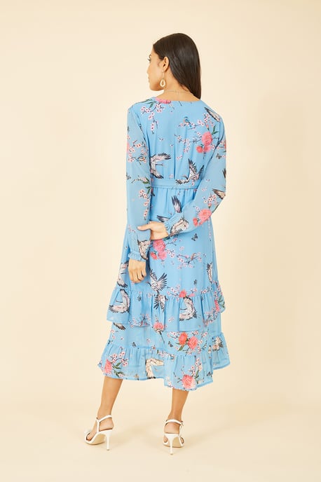Blue Crane Print Long Sleeve Wrap Midi Dress