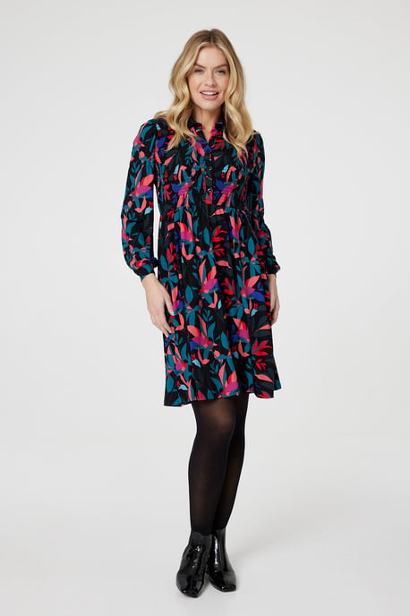 Black Leaf Print Smocked Shirt Dress