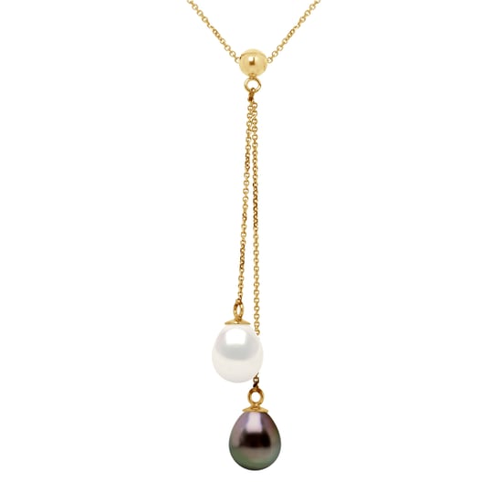 DIADEMA - Necklace - You & Me - 2 Real Freshwater Pearls and Tahitian Pealrs - Yellow Gold