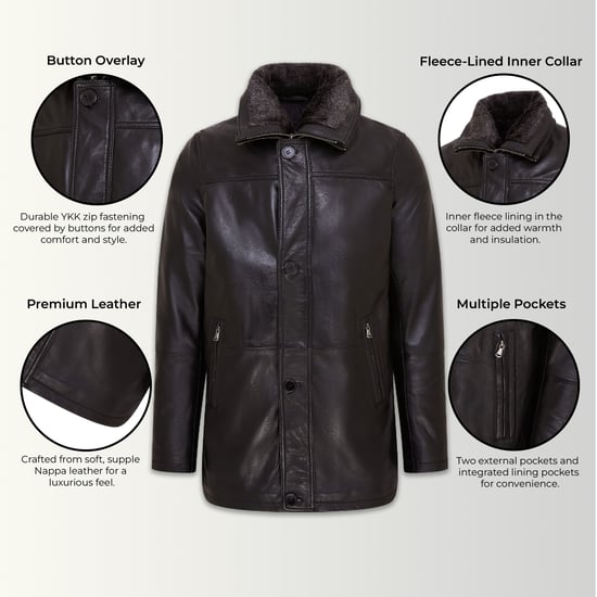 Mens Black Mid-Length Warm Leather Trench Coat - Varkaus