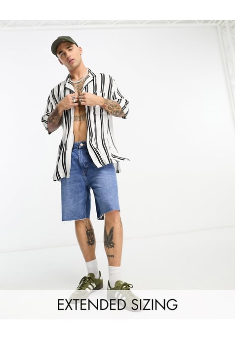 ASOS DESIGN oversized revere longline bowling shirt in black and white stripe