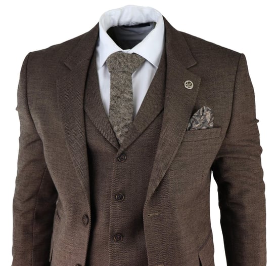 Traje de tweed de tres piezas en espiga marrón para hombre, Peaky Blinders, clásico, a medida - Image 3