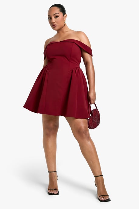 Plus Off The Shoulder Pleated Skater Dress
