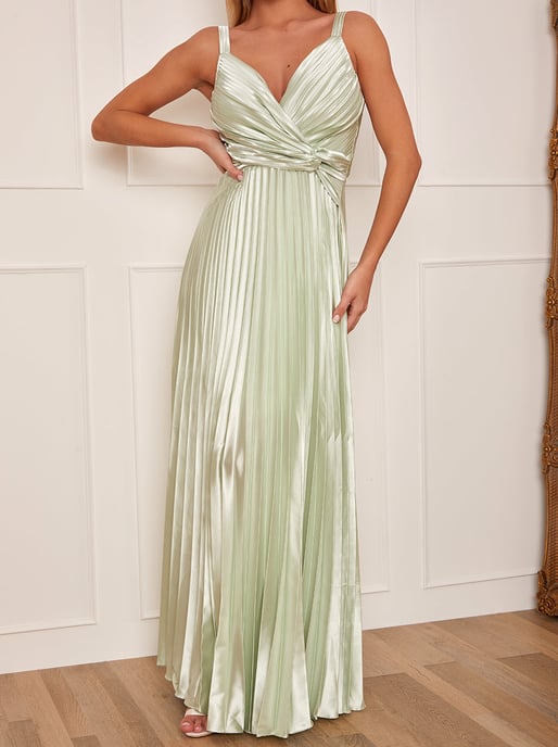 Satin Pleated Wrap Maxi Dress in Mint