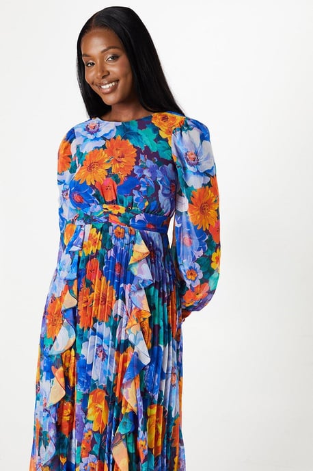 Printed Ruffle And Pleated Midi Dress With Blouson Sleeve - Image 2