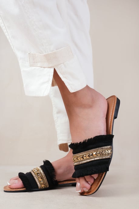 Where's That From Womens 'Astroid' Flat Sandals With Fringe Trim And Stud Details