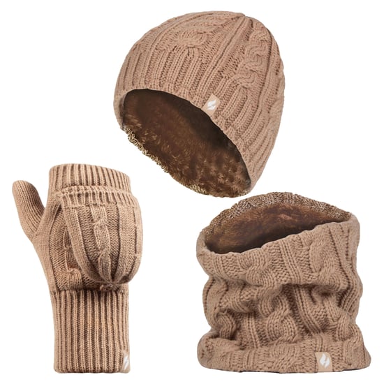 Heat Holders - Set de gorro térmico de invierno, calentador de cuello y guantes convertibles - Beige - Image 1