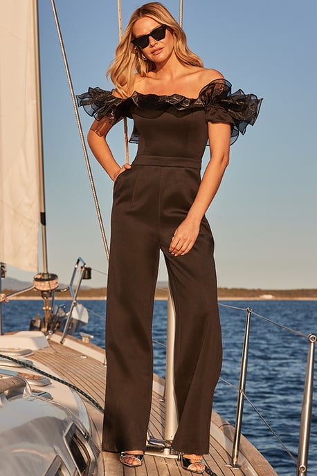 Black Organza Ruffle Wide Leg Bardot Jumpsuit