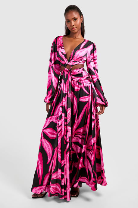 Abstract Print Cut Out Ring Detail Maxi Dress - Image 1