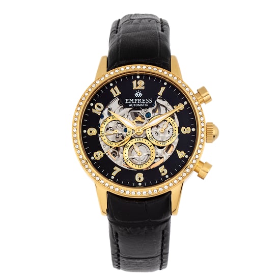 Empress Beatrice Automatic Skeleton Dial Leather-Band Watch w/Day/Date
