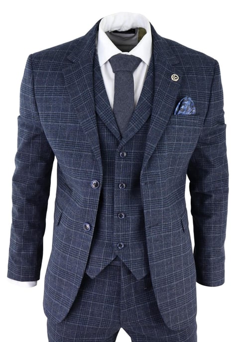 Traje de tweed de tres piezas a cuadros azules para hombre, Peaky Blinders, estilo Gatsby de los años 20, corte entallado - Image 1