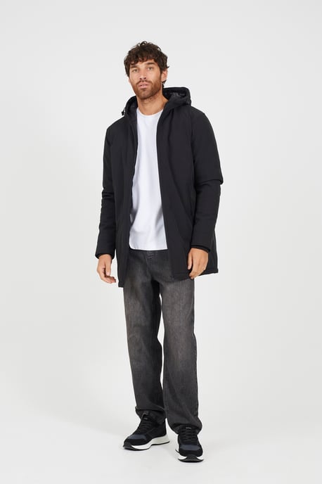 Black Quilted Soft Shell Hooded Parka Jacket