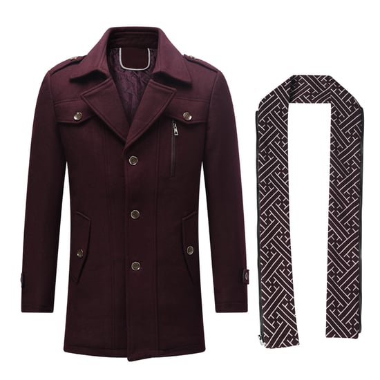 Men's Winter Thickened Solid Color Lapel Casual Wool Coat with Striped Collar Camel Burgundy
