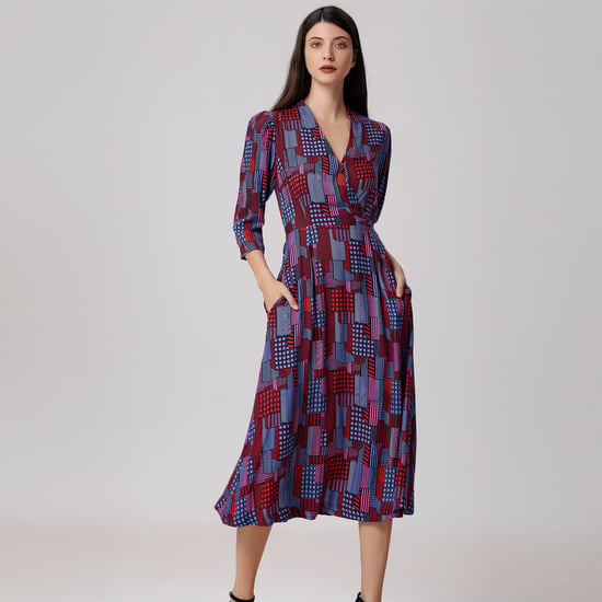 Graphic Print V Neckline Midi Wrap Dress - Image 1