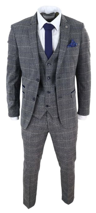 Traje clásico vintage de 3 piezas para hombre, gris y con cuadros azules - Image 2