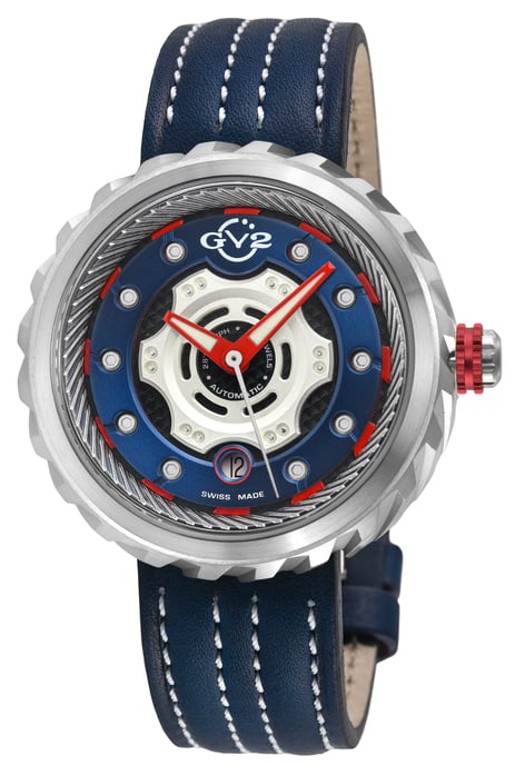 GV2 Motorcycle SS Case, Blue dial, Red hands, Genuine Handmade Italian Leather Blue/White Strap
