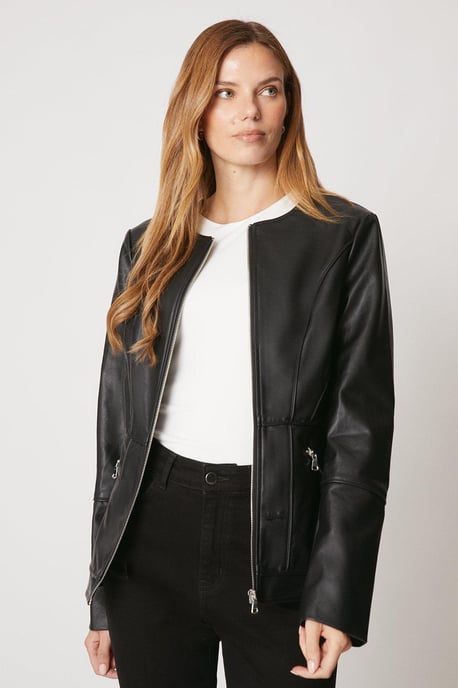 Black Faux Leather Collarless Seam Detail Jacket - Image 1