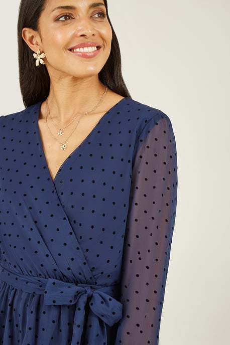Navy Dobby Spot Long Sleeve Wrap Over Midi Dress