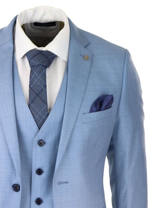Traje retro clásico de 3 piezas con puntadas en azul claro para hombre - Image 6