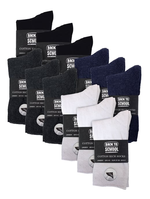 Paquete múltiple de 24 pares de calcetines escolares de punto de algodón liso en negro/blanco/gris/azul marino para niños y niñas - Surtido - Image 2