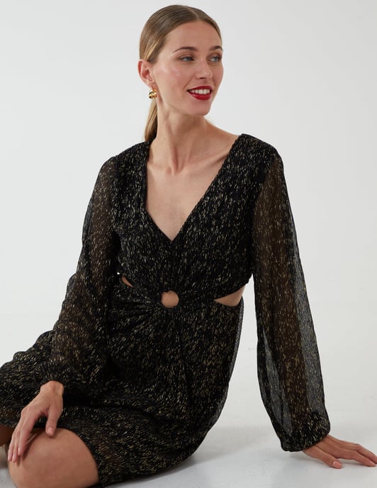 V-Neck Long Sleeve Lurex Dress