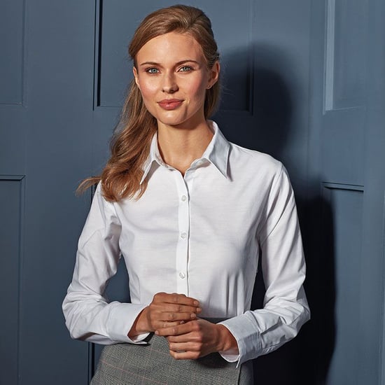 Premier Womens/Ladies Signature Oxford Long Sleeve Work Shirt (White) - Image 3