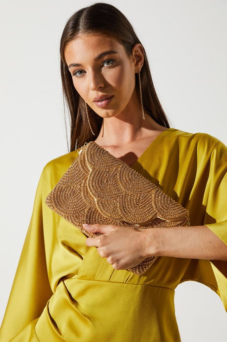 Pearl Beaded Scallop Clutch Bag With Shoulder Strap