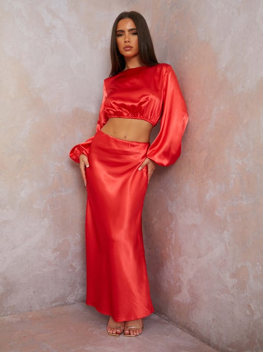 Satin Midi Slip Skirt in Red