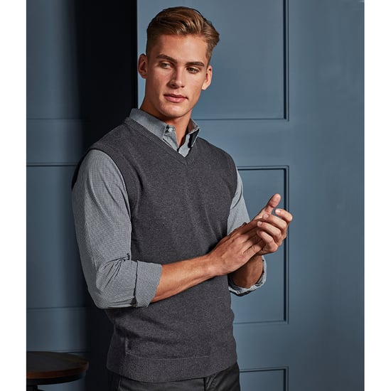 Premier Mens Sleeveless Cotton Acrylic V Neck Sweater (Charcoal) - Image 4