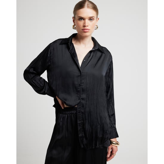 River Island Womens Shirt Black Crinkle Satin Collared Long Sleeve