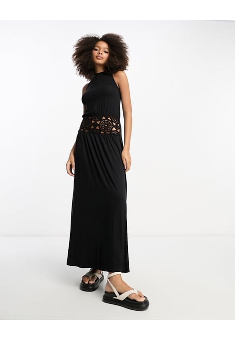ASOS DESIGN halter neck midi dress with crochet bodice in black-Brown