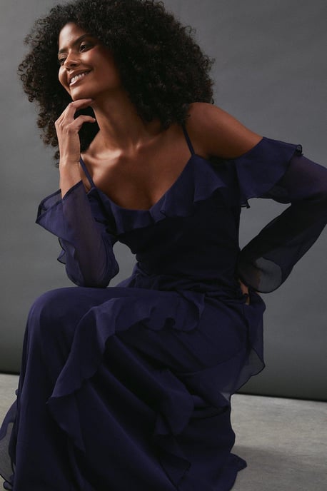 Chiffon Cold Shoulder Ruffle Detail Maxi Dress - Image 4