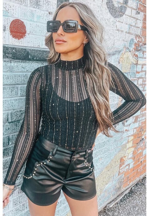 Bodysuit de Manga Larga con Cuello Mock de Malla para Mujer en Negro - Image 2