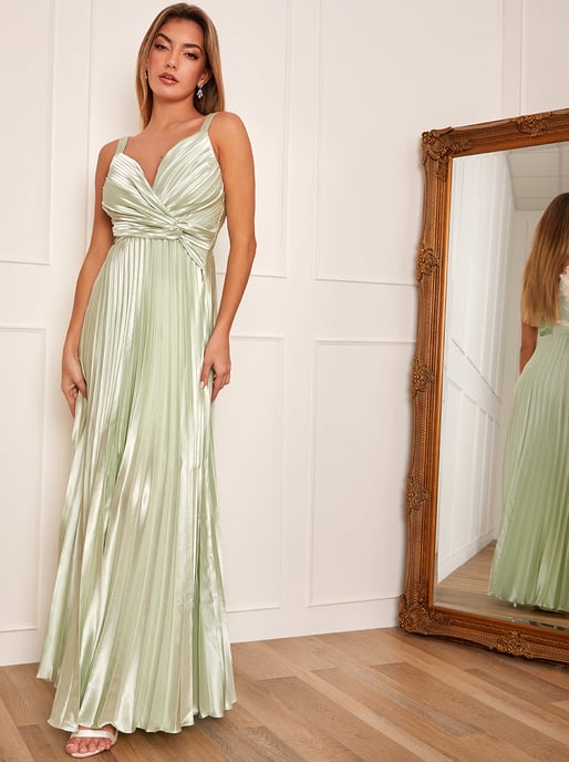 Satin Pleated Wrap Maxi Dress in Mint