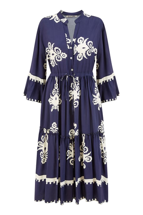 Navy Viscose Midi Dress With Long Sleeves
