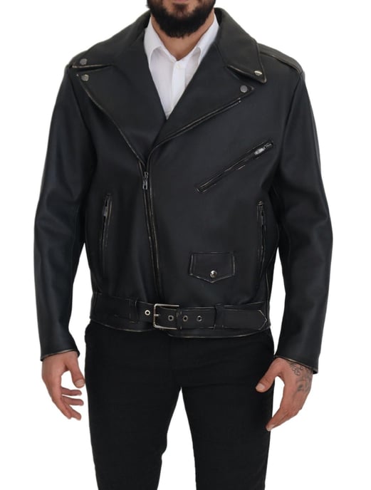 Chaqueta de Hombre de Cuero Negro Biker con Cremallera de Dolce & Gabbana - Image 5